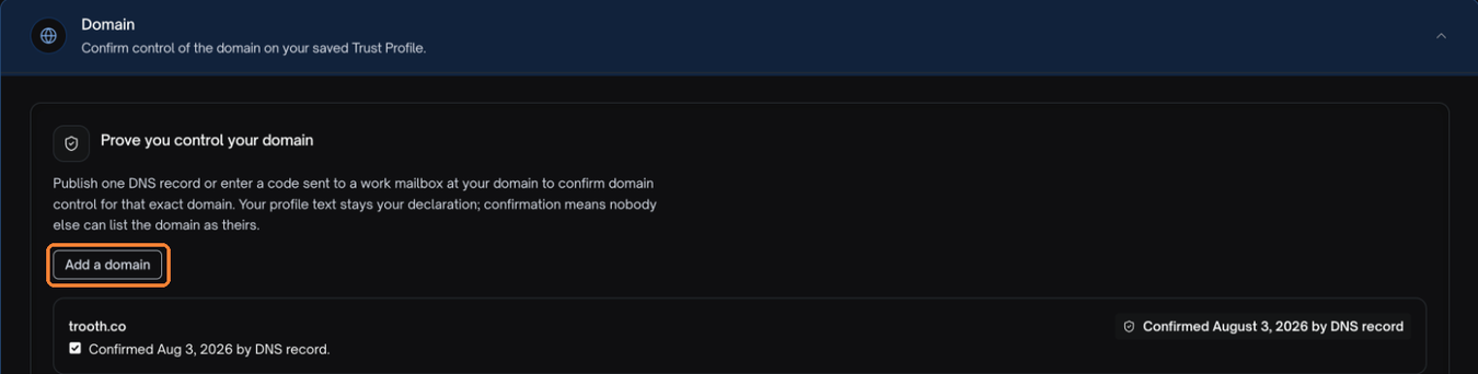 Screenshot of the "Domain" settings on the Trust Profile editor. The "Add a domain" button is outlined in dark orange.