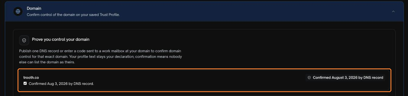Screenshot of the "Domain" settings on the Trust Profile editor. A domain confirmed by DNS record is outlined in dark orange.