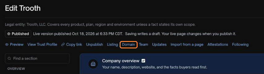 Screenshot of the links under a company name on the Trust Profile editor. The "Domain" link is outlined in dark orange.