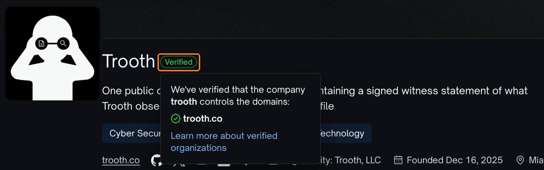Screenshot of a company's Trust Profile. Next to the company name, the "Verified" badge is outlined in dark orange, and its popover lists the domain the company verified.